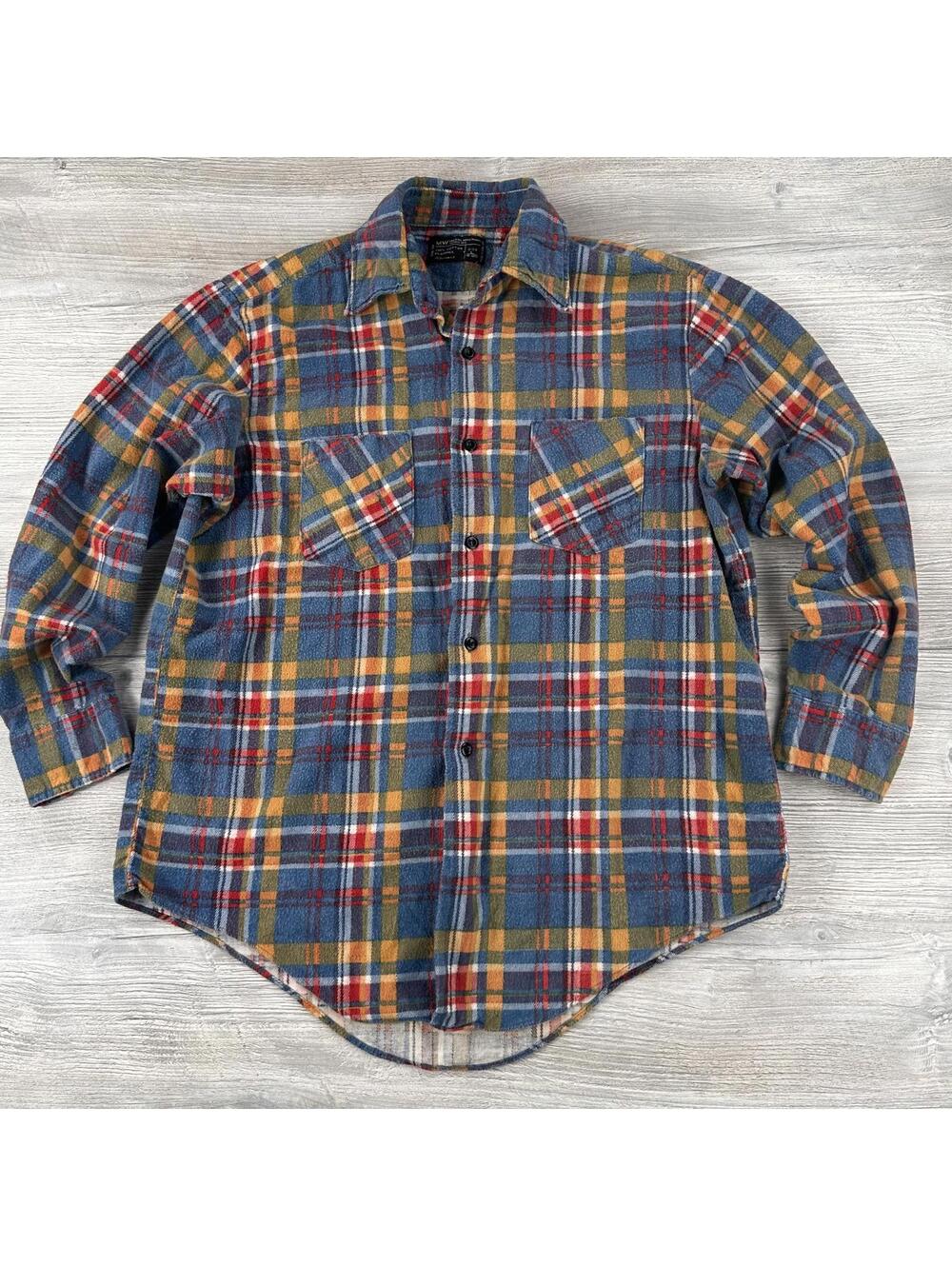 VTG JCPenny Flannel Shirt Mens Large Blue Red Yellow Plaid True Vintage 1970's